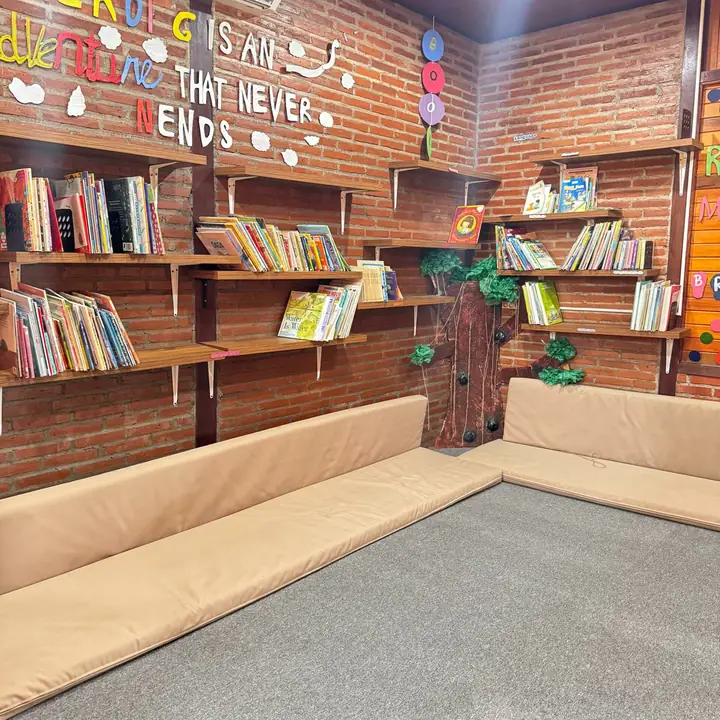 Library shelves and a reading nook